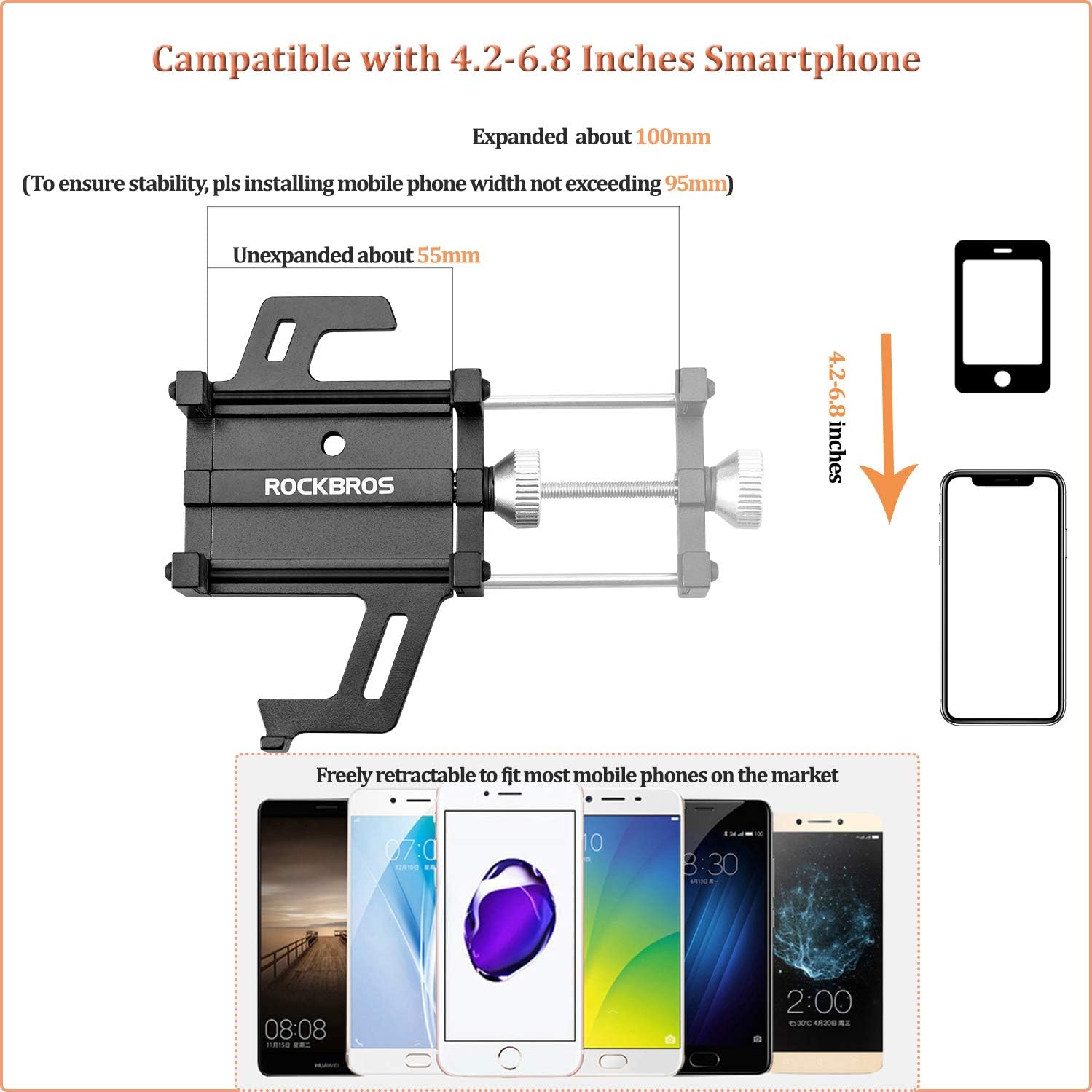 ROCKBROS phone holder smartphone compatibility and dimensions