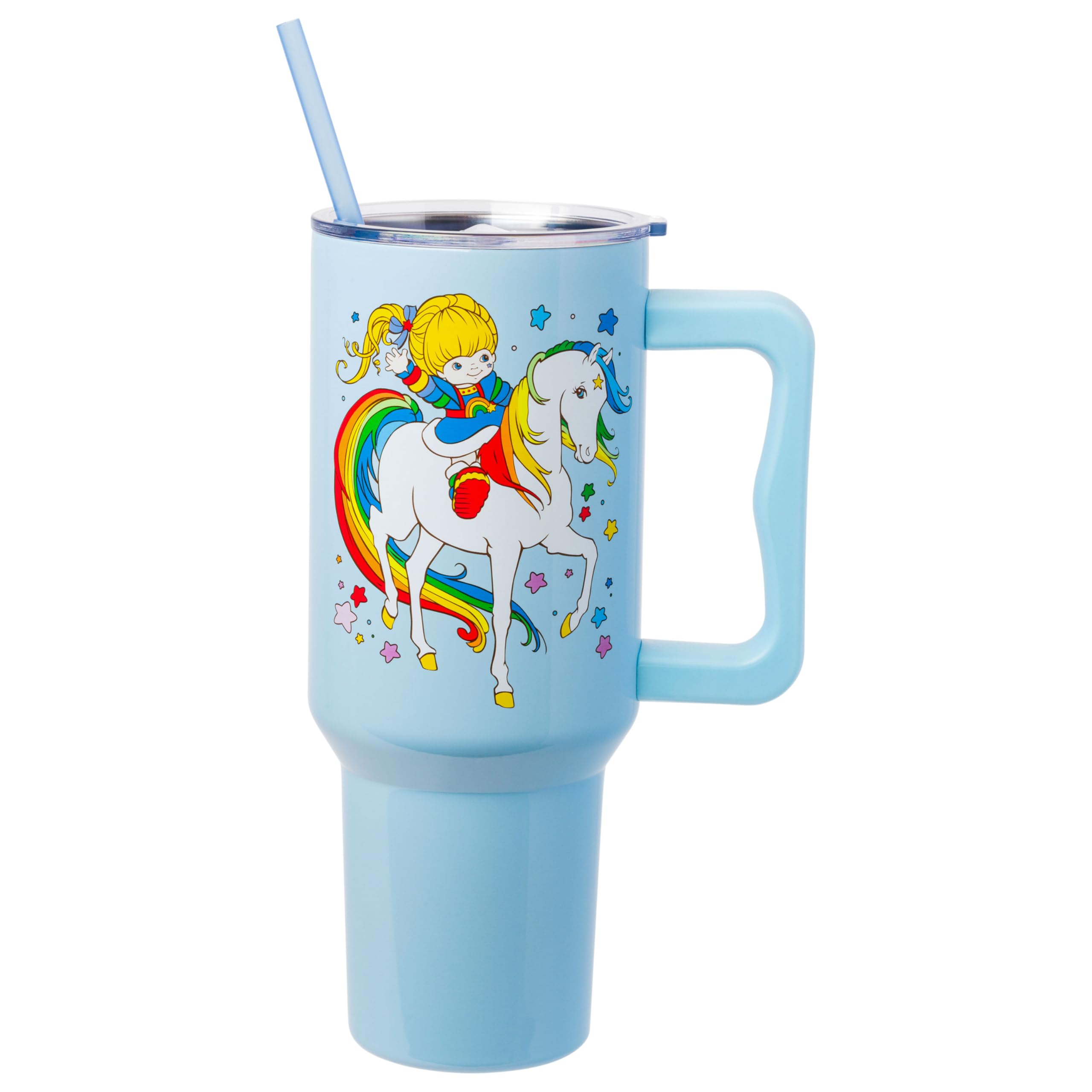 Silver Buffalo Rainbow Brite Featuring Starlite Stars Double Walled Stainless Steel Tumbler with Handle and Straw, Fits in Standard Cup Holder, 40 Ounces