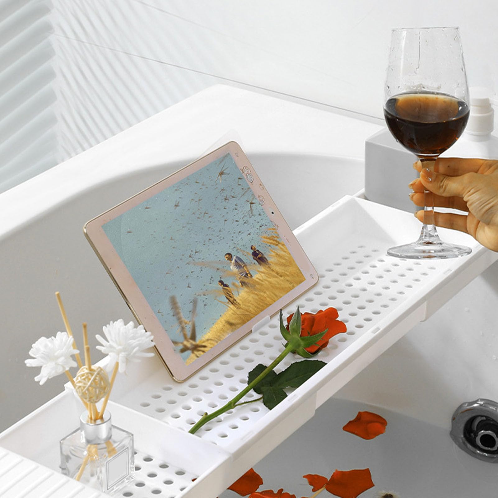 Bandeja de Bañera Extensible con Diseño Antideslizante para Baños Relajantes, Soporte de Plástico para Caddy de Bañera 1 Unidad (Blanco)