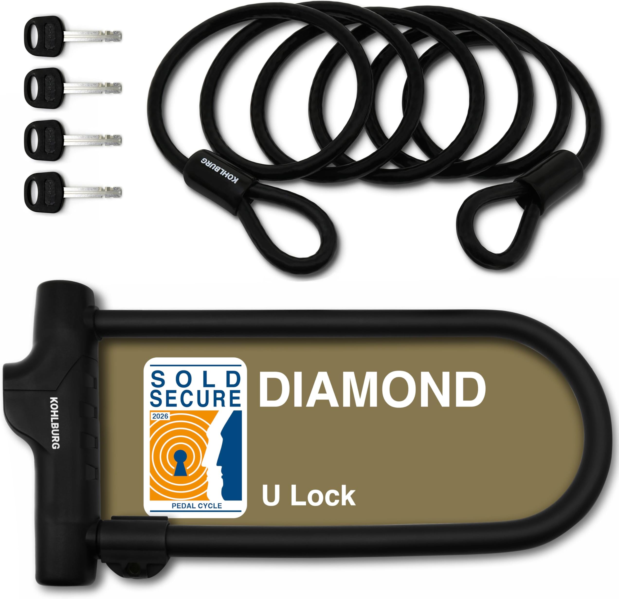 U-Lock with Highest Security Sold Secure Diamond Certified - Large 13.5" x 6.7" Heavy Duty Anti Theft Bike u Lock with 67” Steel Cable, 4 Keys, Bracket - ulock for ebike Bicycle & Scooter