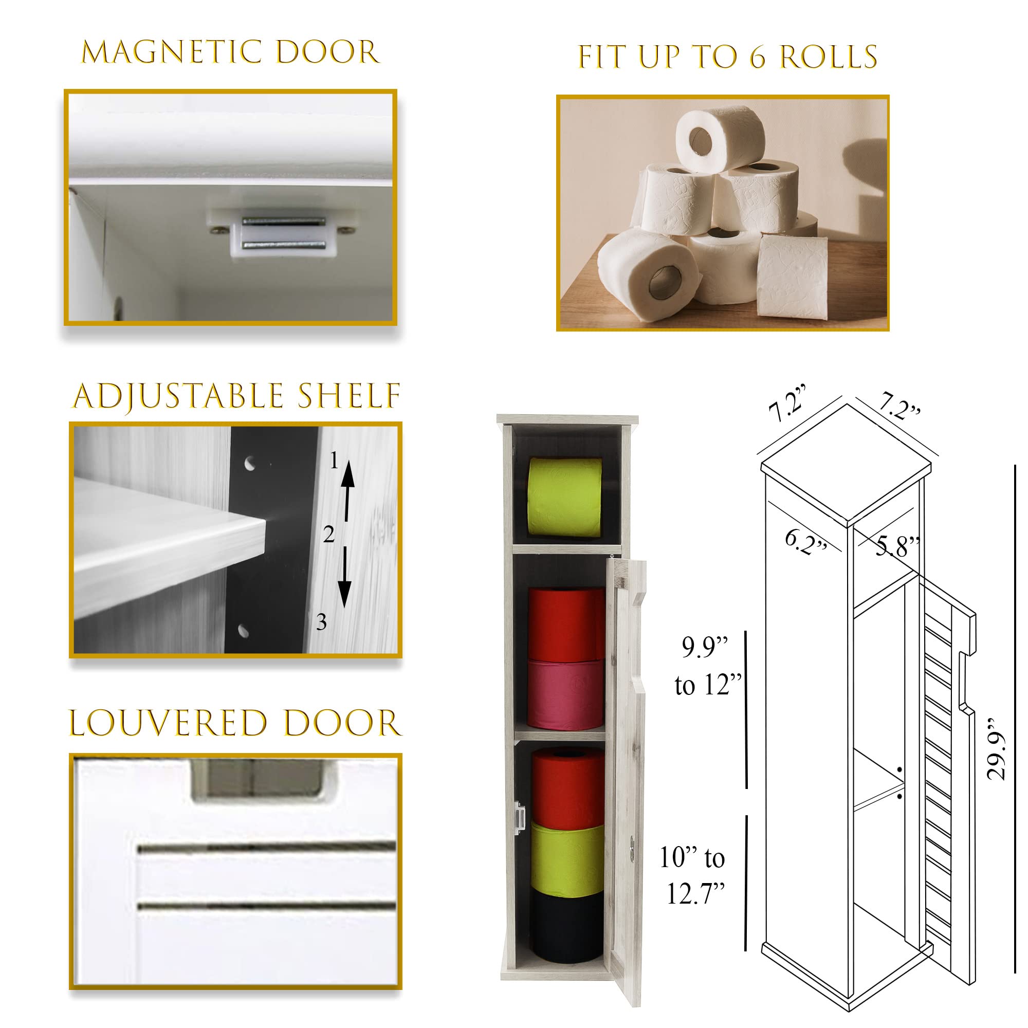 EVIDECO 9912300 Miami-Portarrollos de Papel higiénico 2 en 1, Color Blanco, 100% Tablero de Fibra de Densidad Media + Espejo, 7.2'L x 7.2" W x 29.9" H