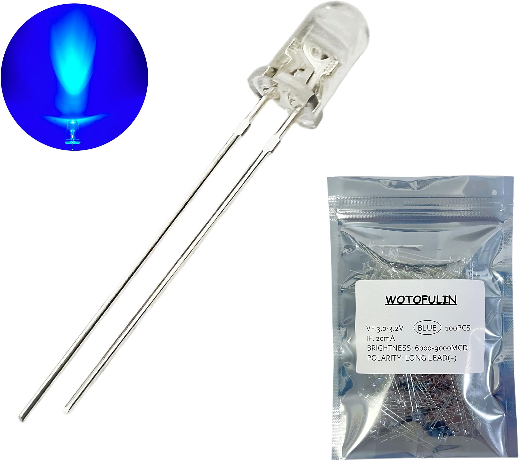 5mm Blue LED Diode Lights 100pcs DC 3V 20mA Round Clear Lens Electronics Components Light Emitting Diodes LED Light Bulbs
