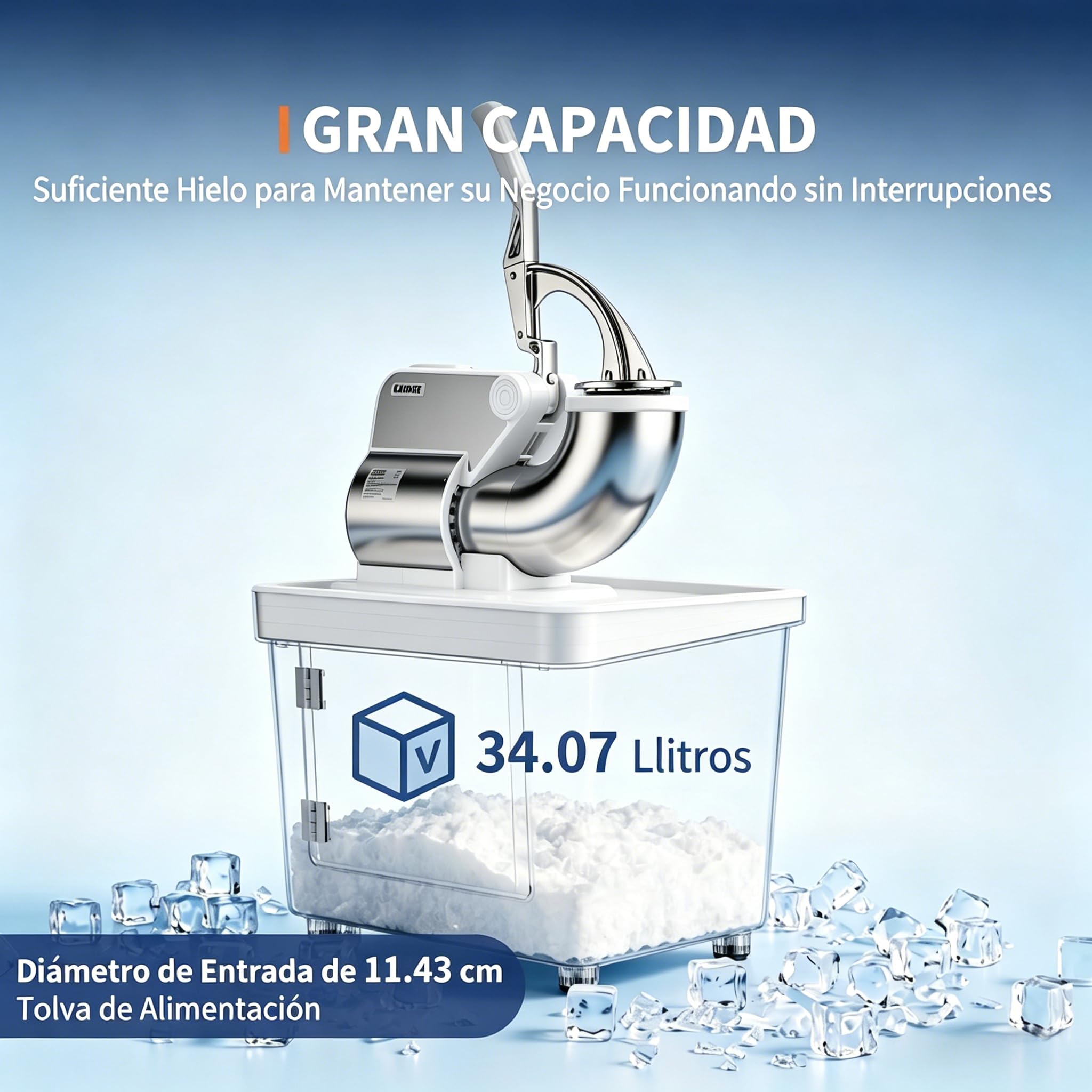 GarveeLife Picadores de Hielo Comercial 300W, Doble Cuchilla 300kg/h, Blanco | Picadores de hielo comercial 300W 300kg/h, doble cuchilla inox tolva 4,5", depósito 50L ETL para bar y eventos, Blanco.