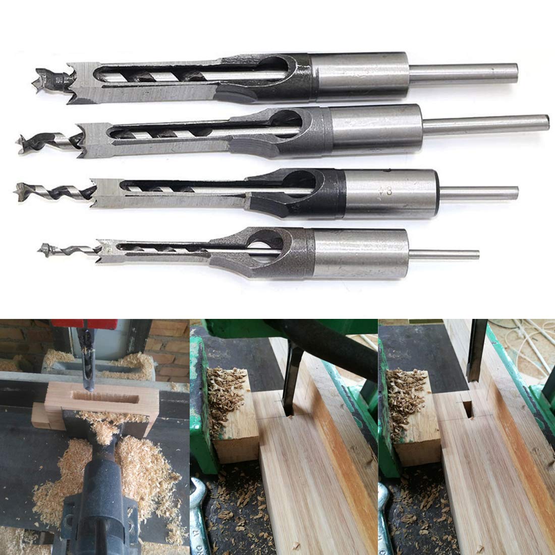 Woodworking Square Drill Bits Set, Carbon Steel Wood Mortising Chisel Countersink Bits Woodworker Hole Saw Power Tool Kits 6/8/9.5/12.7mm, Set of 4