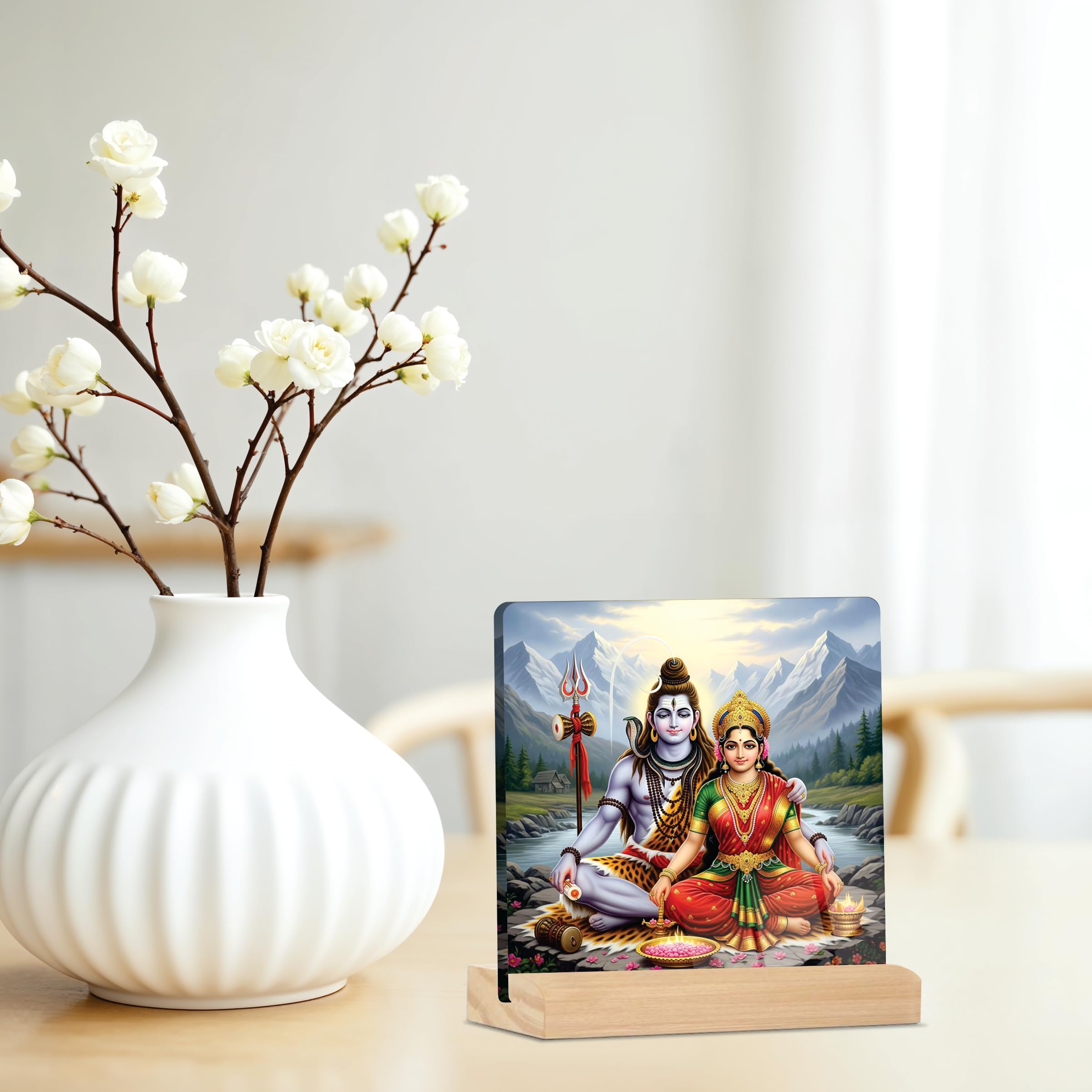 Giftplease Placa Parvati del Señor Divino Shiva y la Diosa con soporte de madera, marco de fotos religioso para el templo del hogar, habitación Pooja, oficina y regalo espiritual para inauguración de