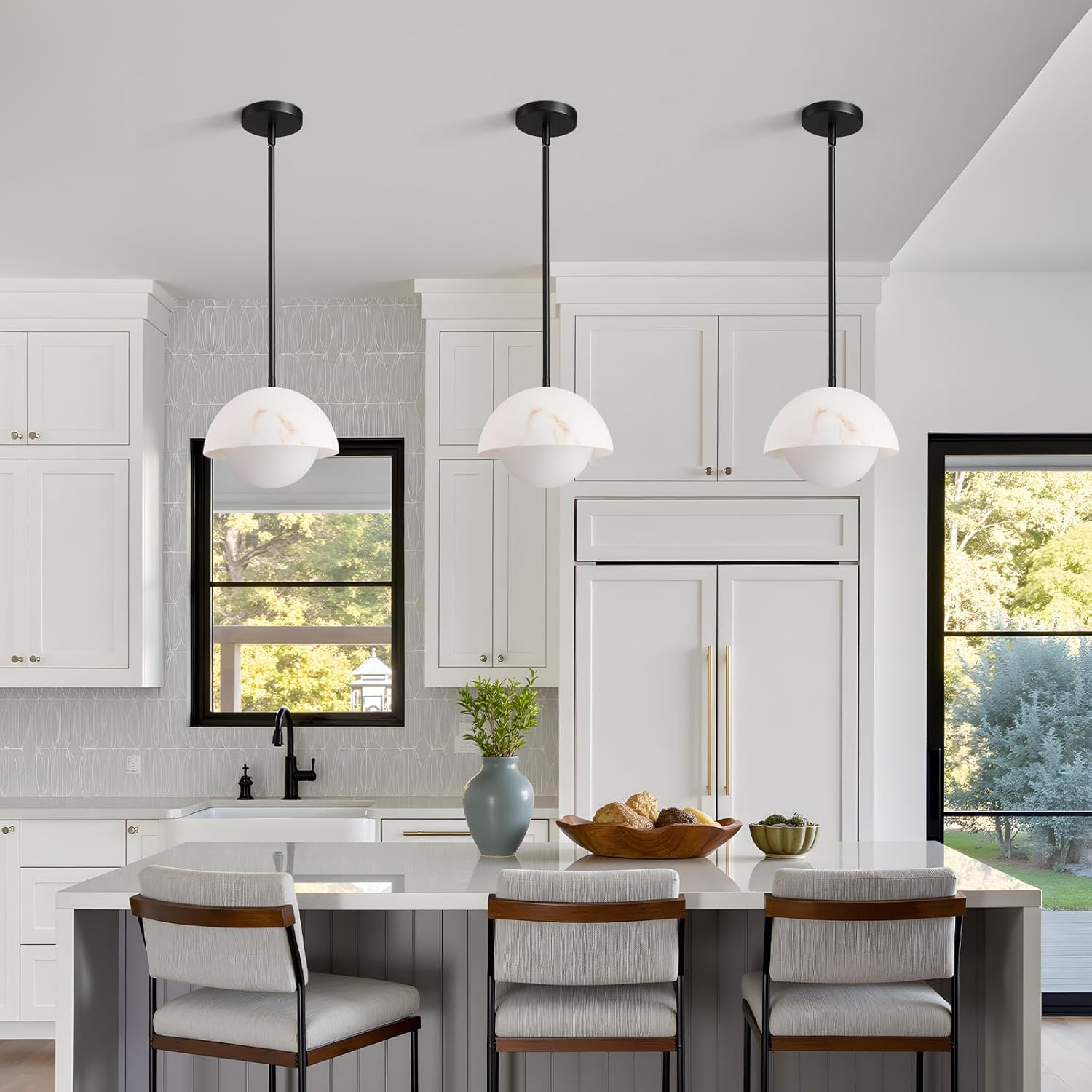 Modern Pendant Light Fixtures: 10 Inch Resin Shade Mid Century Chandelier with Milk Glass Globe - Adjustable Black Pendant Lighting for Kitchen Island