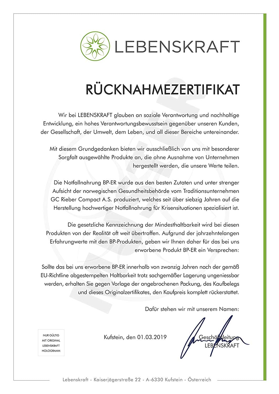 Lebenskraft BP ER Elite Emergency Food 6 x 500 gramos del fabricante líder