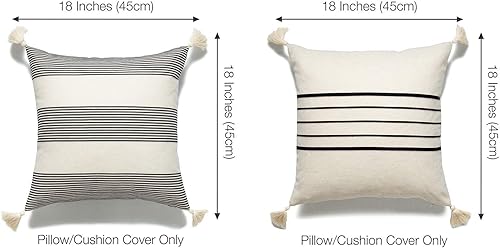 Miniatura 4 de Hofdeco Juego de 2 fundas de almohada decorativas neutras con borlas marroquíes, rayas beige y gris, 18 x 18 pulgadas Rayas Beige Gris,Puntos