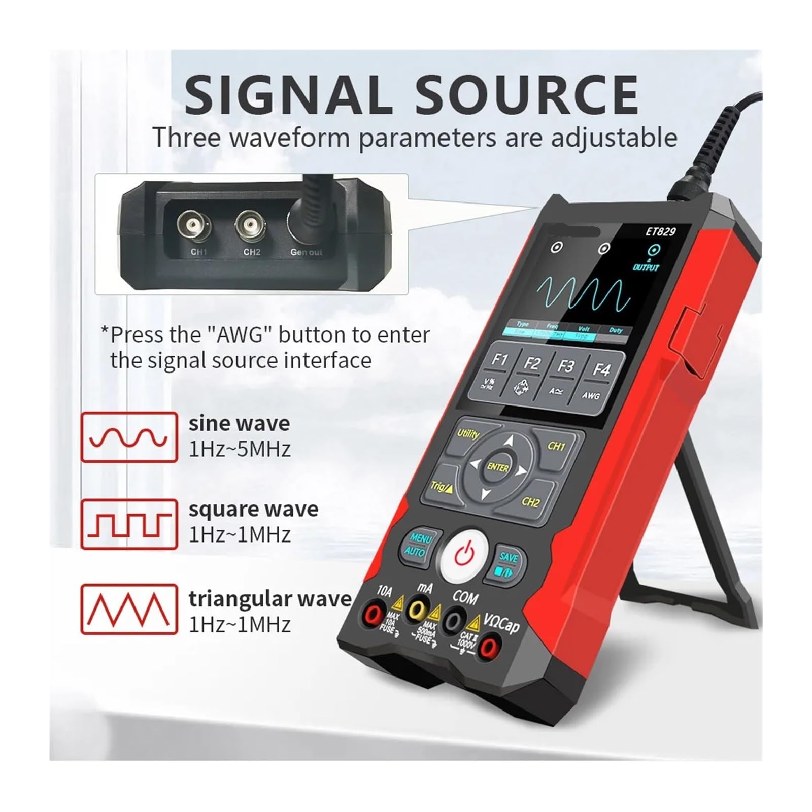 ET829 2 Channel 80MH/z Oscilloscope True RMS Multimeter Adjustable Signal Generator 3 in 1 for Car Electrical Repair(ET202D)