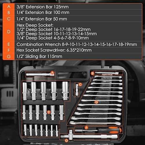 Miniatura 3 de Juego de herramientas mecánicas de 219 piezas, llave de vaso de 1/4 pulgadas, 3/8 pulgadas, 1/2 pulgadas, kit automotriz de acero CrV con enchufe