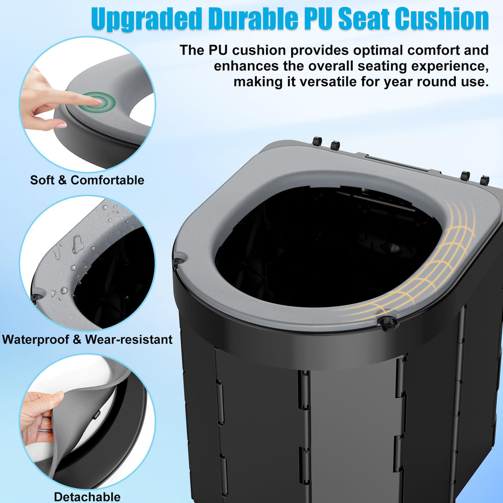 WADEO Inodoro portátil para acampar con asiento cómodo de EVA, con capacidad para hasta 200 kg, con 20 bolsas de basura, soporte para papel y móvil, para acampadas, viajes y pesca