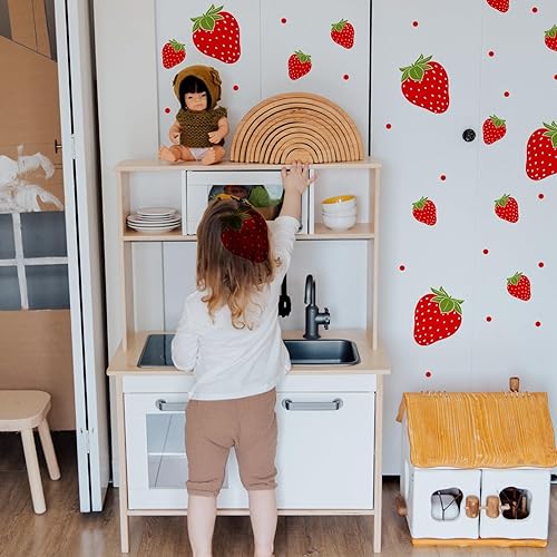 Miniatura 6 de 4 hojas/92 calcomanías de pared de fresa, calcomanías de pared de frutas extraíbles para dormitorio de niñas, dormitorio, comedor, cocina, baño,