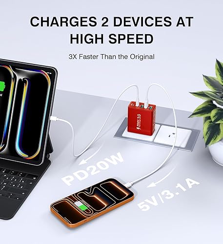 Miniatura 3 de Bloque de cargador de pared USB C, paquete de 2 cargadores USB C de 60 W, 5 puertos PD de carga rápida, bloques, enchufe multipuerto QC 3.0 USB A,