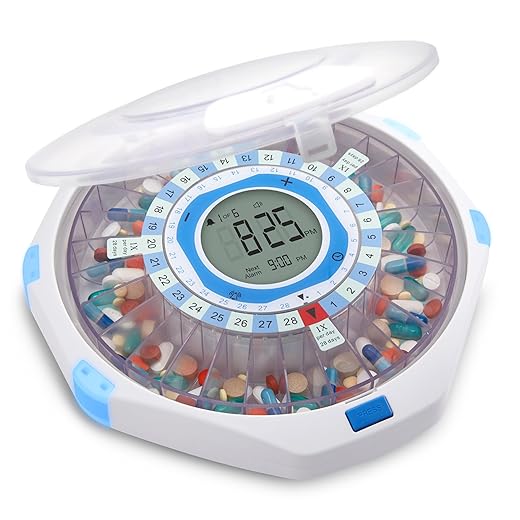 LiveFine WiFi Automatic Pill Dispenser and Remote Medication Monitoring System with Locking Key, 28-Day Medication Organizer Up To 9 Doses Per, Adjustable Light/Sound Alarms For Prescriptions & Vitami