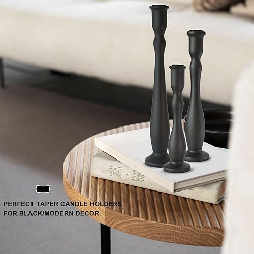 Miniatura 2 de Portavelas negro para candelabros, juego de 3 portavelas cónicos modernos, decoración de palitos de madera altos (12 pulgadas, 10 pulgadas, 8