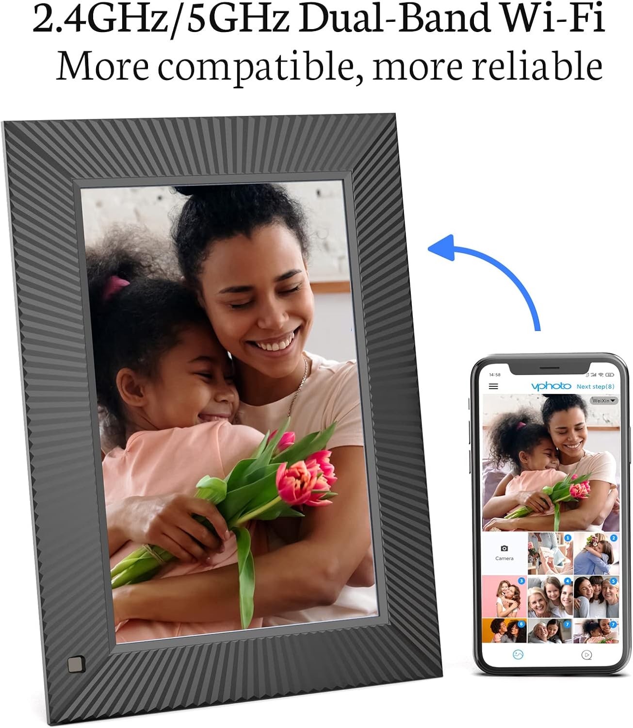 BSIMB Digital Picture Frame displaying a family photo, with a smartphone showing the VPhoto app and an arrow indicating connection, emphasizing 2.4GHz/5GHz dual-band Wi-Fi.