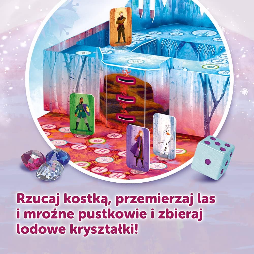 Close-up of the game board showing character pawns, a die, and ice crystals, illustrating gameplay movement.