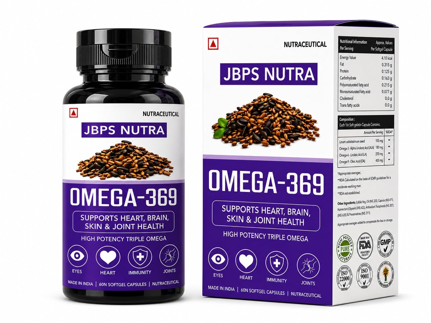 JBPS NUTRA Organic Omega 3 6 9 Omega Multivitamin Supplement | 2000mg Vegetarian Supplement For Heart, Skin, Joint & Muscles Support - Epa & Dha Rich Capsules For Men & Women - 60 Count-image-30