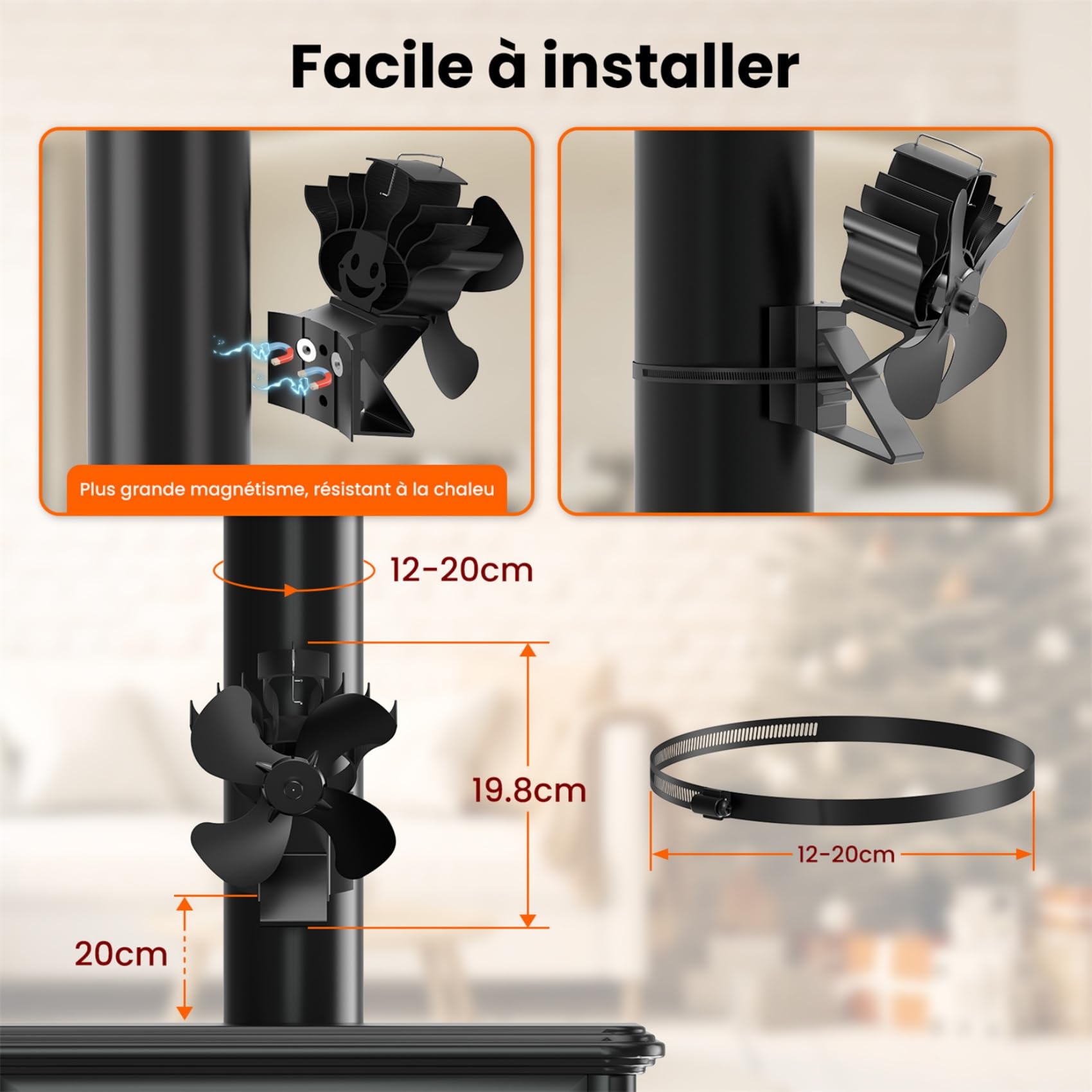 ICARE Ventilateur poêle à bois, ventilateur cheminée pour poêle à bois, 2 en 1 silencieux fireplace fan sans électricité,de chauffage, pièce de rechange.