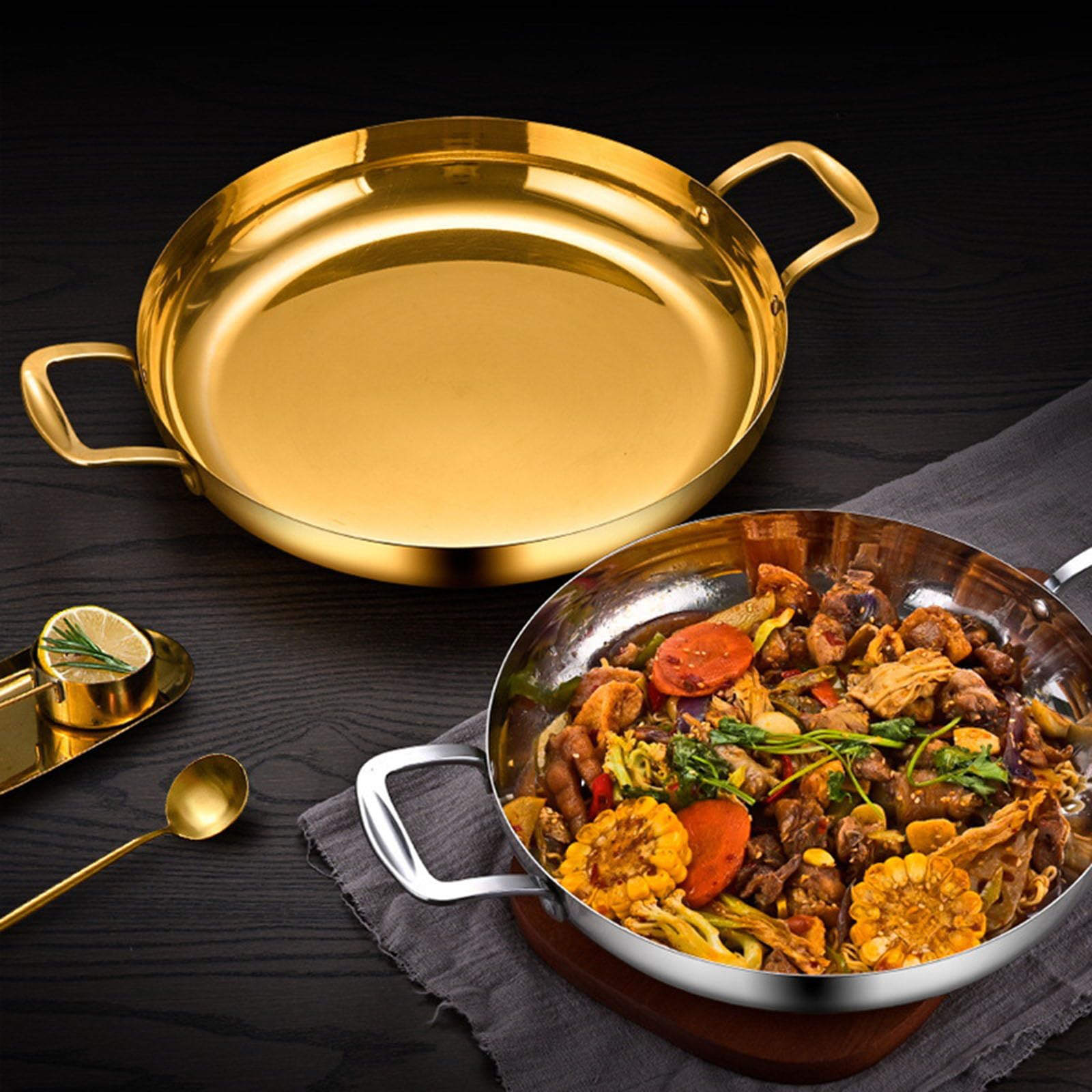 Paellera dorada de acero inoxidable sartén grande, plancha, sartén grande con tapa, olla jumbo, sartén de inducción, apto para lavavajillas y horno para cocinar en casa, dorado, 36 cm