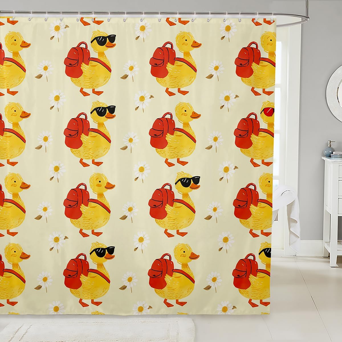 Erosebridal Funny Duck with Bag Shower Curtain Set | Cute Yellow Ducks Bathroom Decor for Kids Girls Boys, Daisy Floral Bathroom Set 72 x 72 Inch, Duck Lovers Gifts Kawaii Fabric Shower Curtain