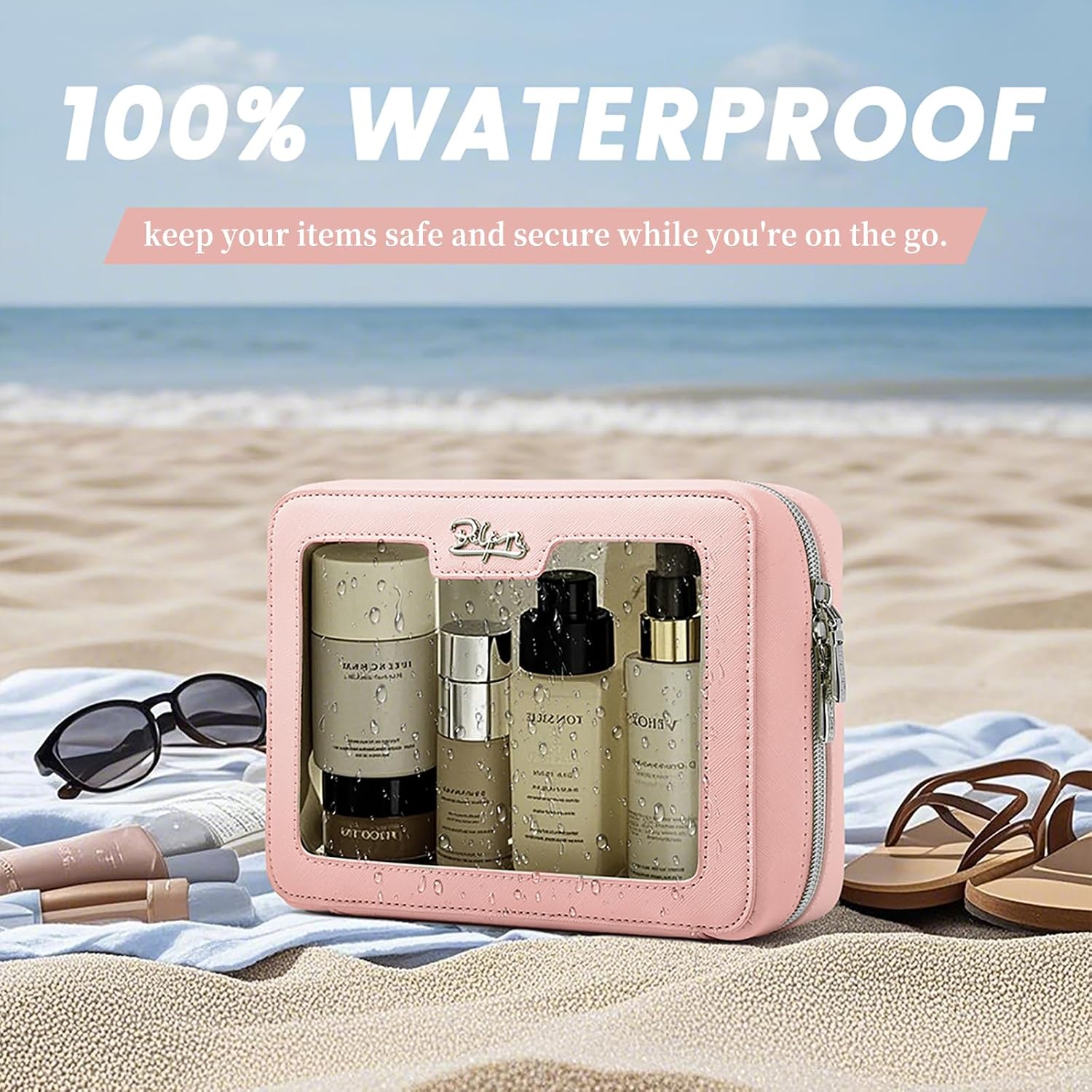 BOYATU Clear Makeup Bag Cosmetic Case: Small Make up Bags for Purse - TSA approved Toiletry Bag for Women - Waterproof Travel Pouch with Zipper - Cute Makeup Organizer Skincare Bag for Car (Pink)