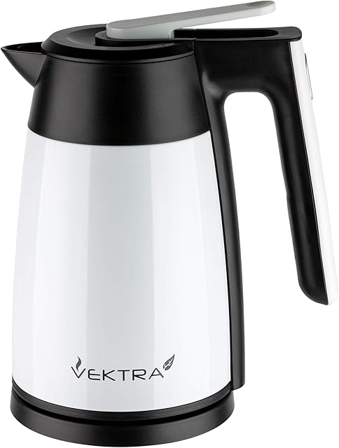 Vektra VEK-1703W Vacuum Insulated Environmentally Eco Friendly Easy Pour Cordless Kettle, 1.7 Litre, White