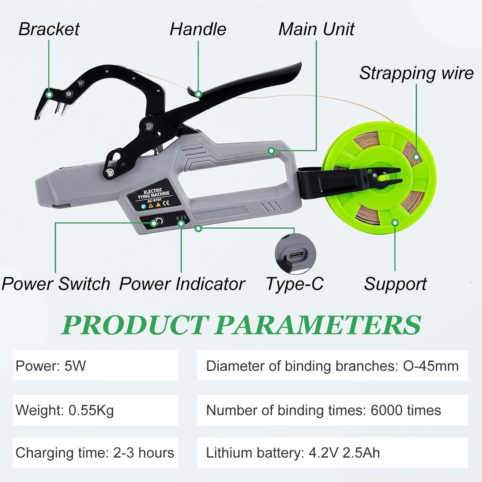 Herramienta atadora de vides con 2 Rollos de Cinta para Uvas, Tomates, pepinos, frambuesas y vides de hortalizas. Máquina eléctrica para Atar Ramas: Soporte para Plantas Esfuerzo.
