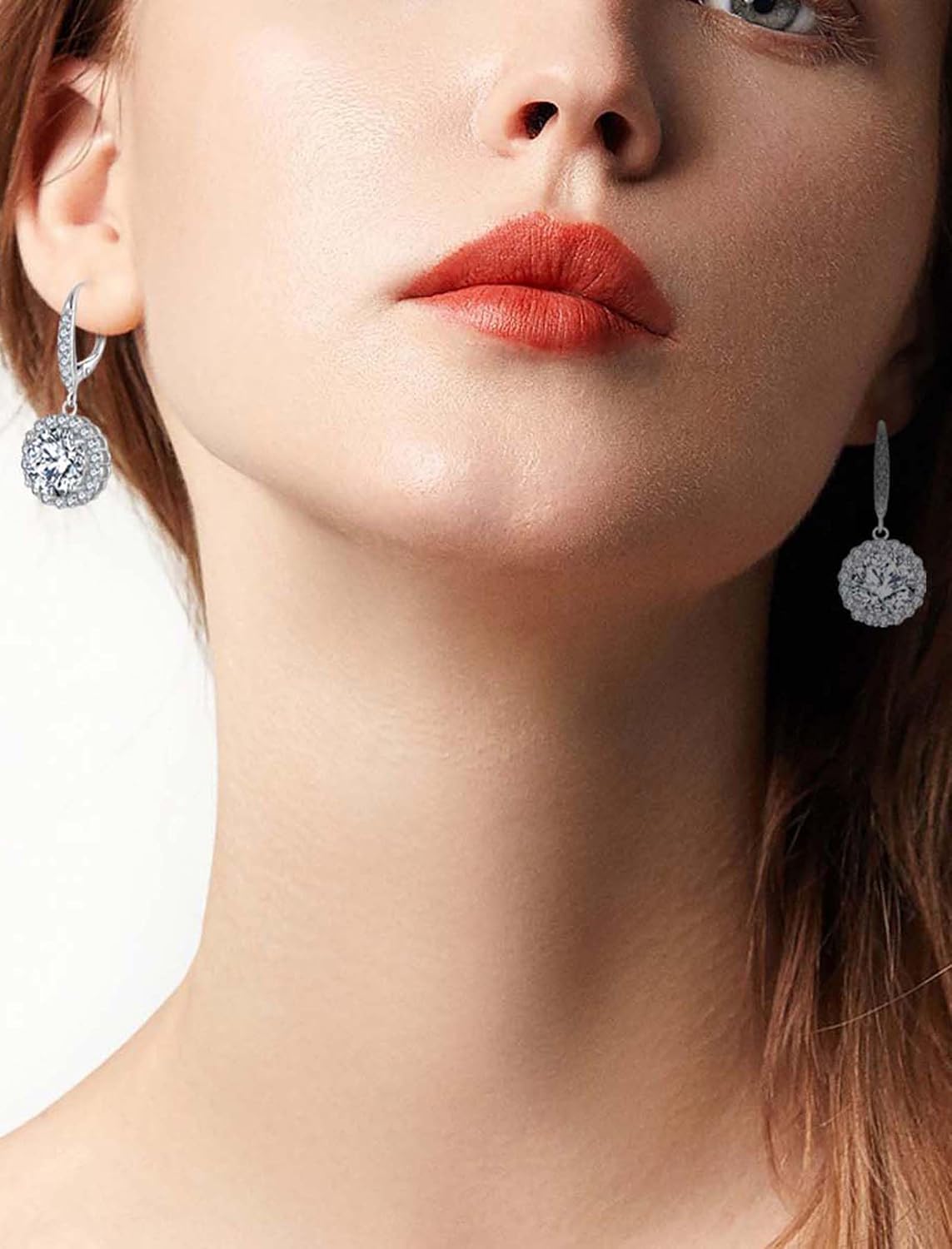 Round Halo Dangle Earrings for Women Sterling Silver Leverback Drop Earrings Birthstone Jewelry