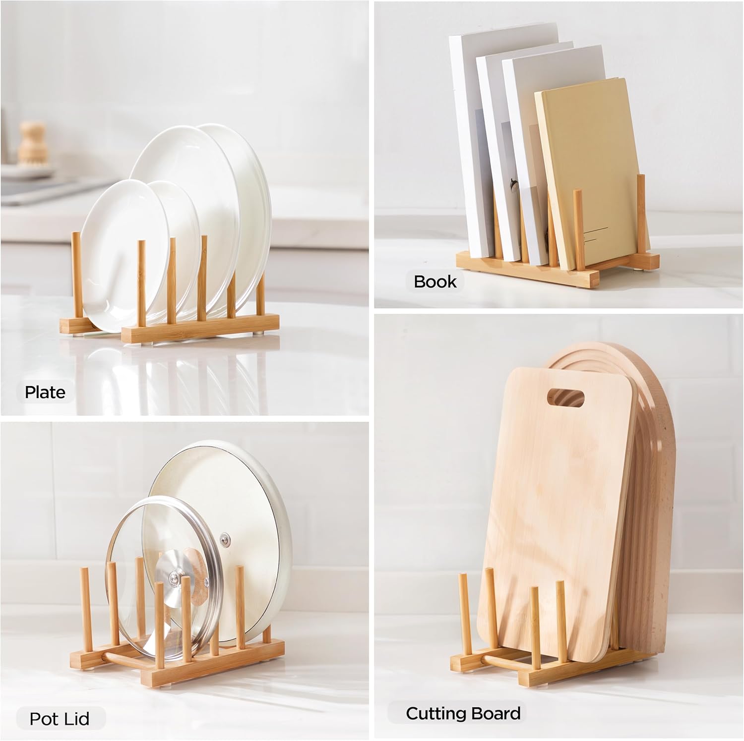 Bamboo Dish Drying Rack for Kitchen Counter and Cabinet, Dish/Book/Plate/Bowl/Cup/Cutting Board/Pot Lid Organizer for Kitchen, Living Room, Study, Display Cabinet (4 Slots) - Image 4