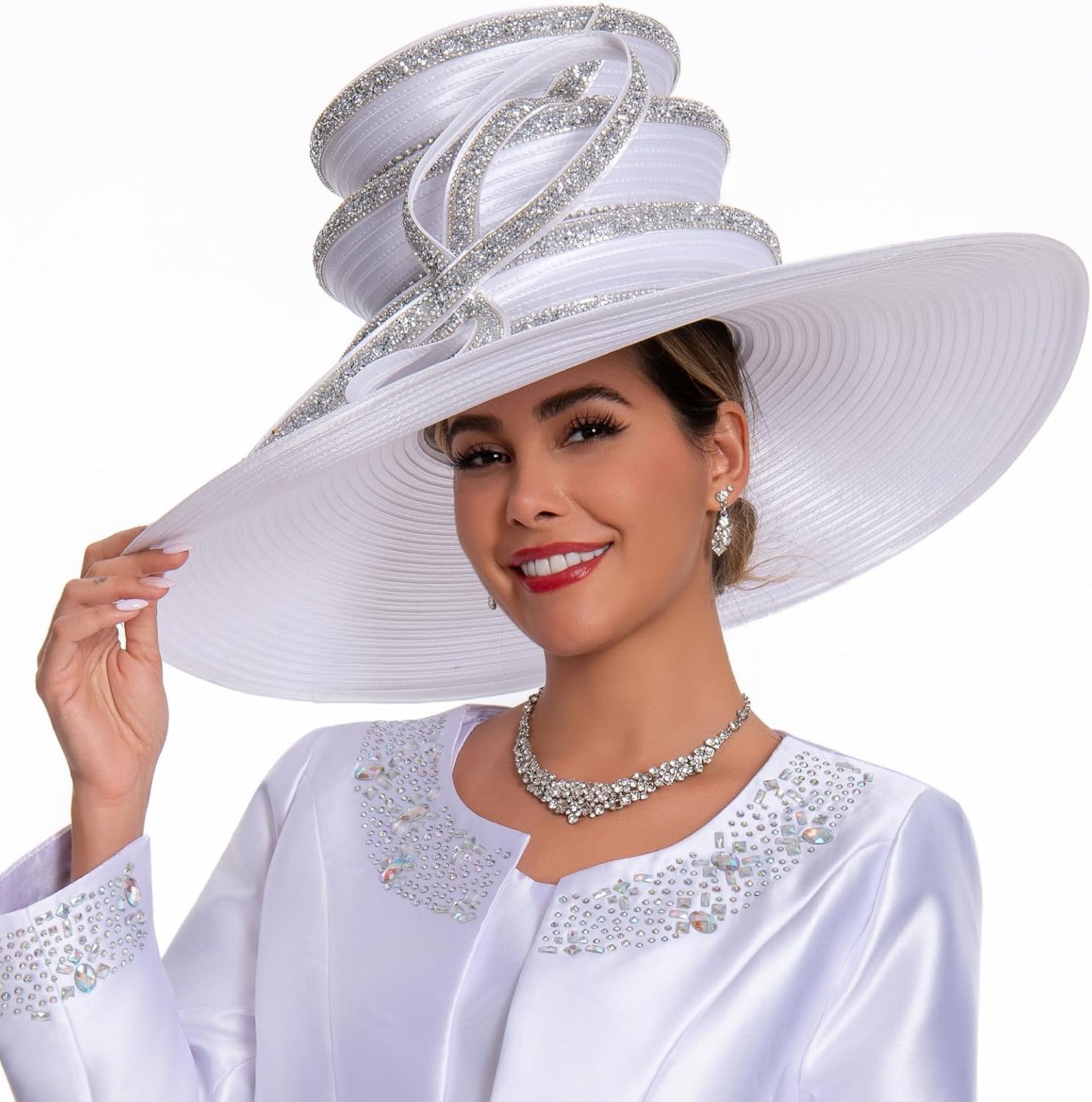 Women's Dramatic Giant Wide Brim Rhinestone Church Hat Statement Turban Fascinator for Wedding Chapel Baptist Sunday