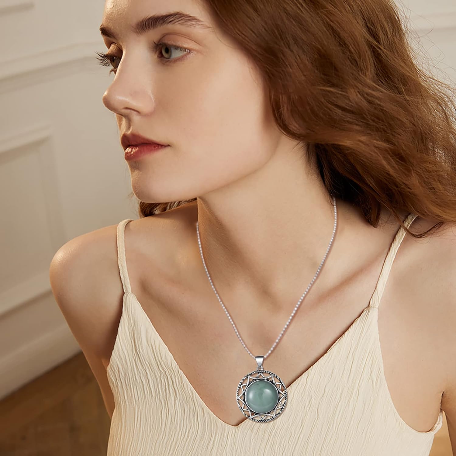 Miniatura 2 de KZYOYE Collar con colgante de piedra redonda, collar de turquesa, piedra natal auténtica, cristales curativos, joyería vintage para mujeres, niñas,