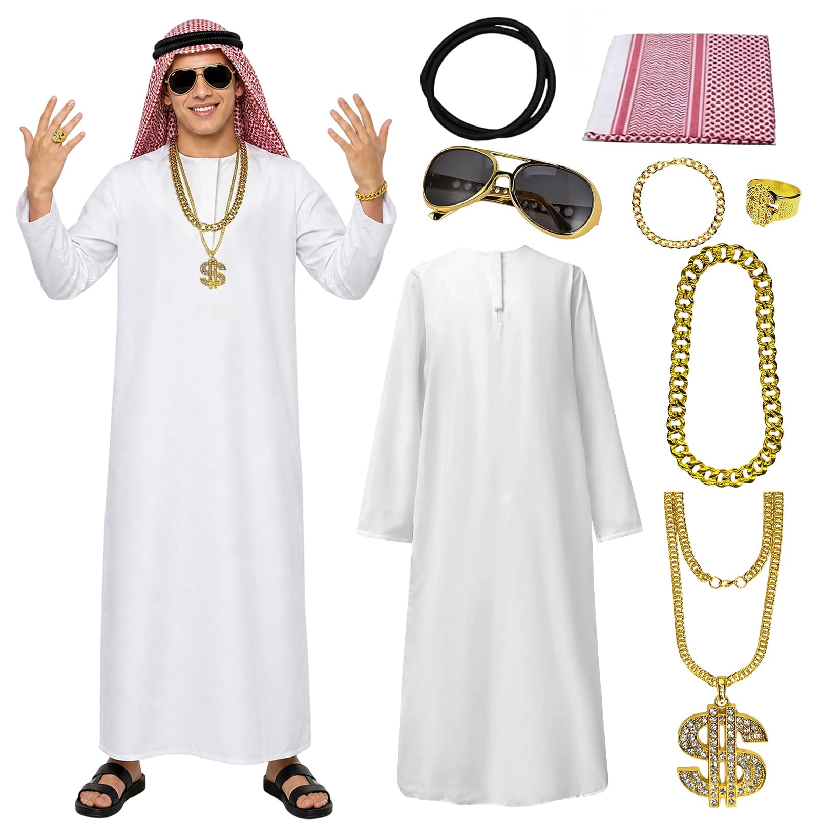 Men's Arabian Shemagh Keffiyeh Head Scarf & Sheik Robe Set,Dubai Style Arab Costume for Halloween