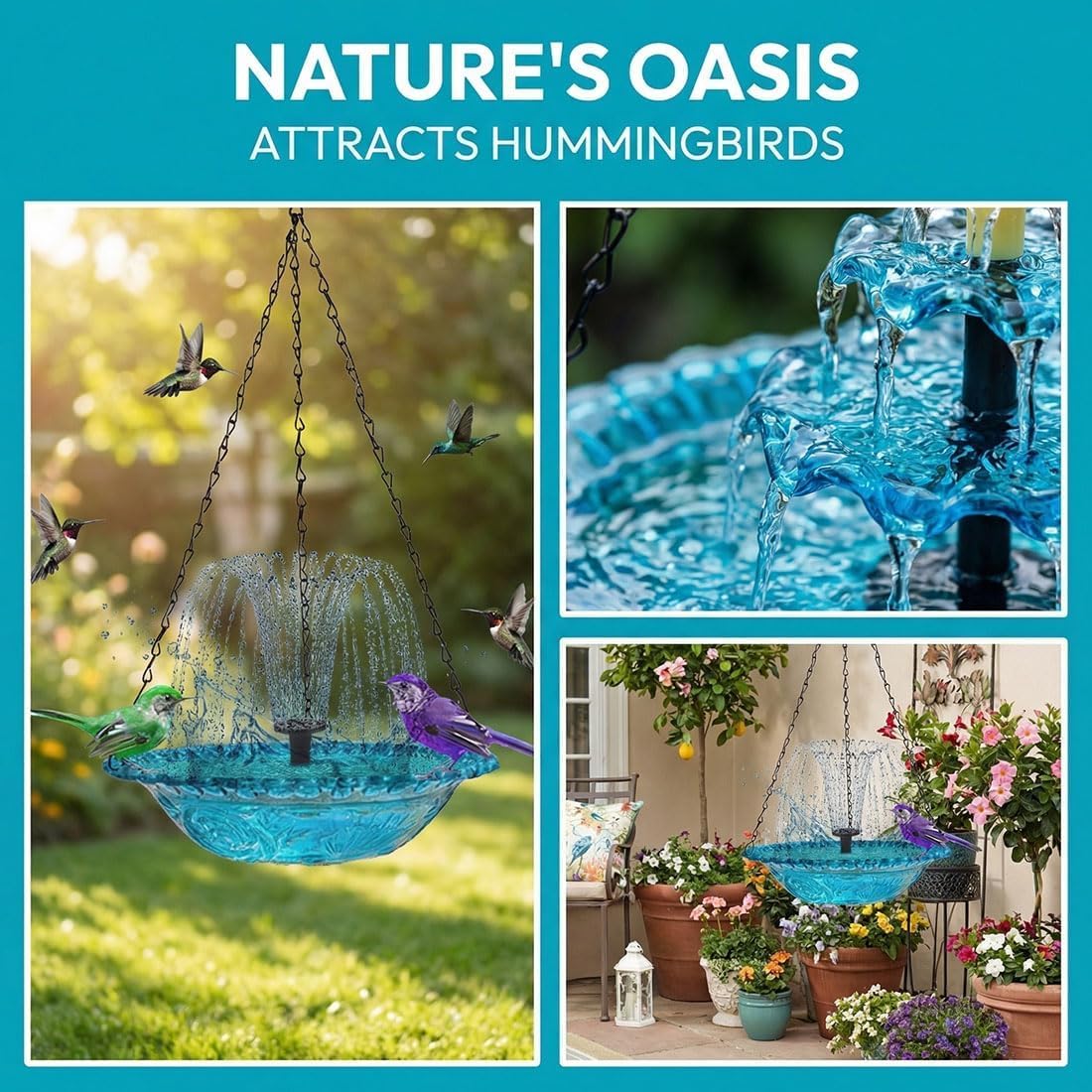 Hanging Solar Bird Bath Fountain, Outdoor Solar Fountain for Bird Bath, Large Humming Birds Baths Fountains with Solars Pump & 9.84''W Glass Bowl for Outdoor, Gardens (Blue)