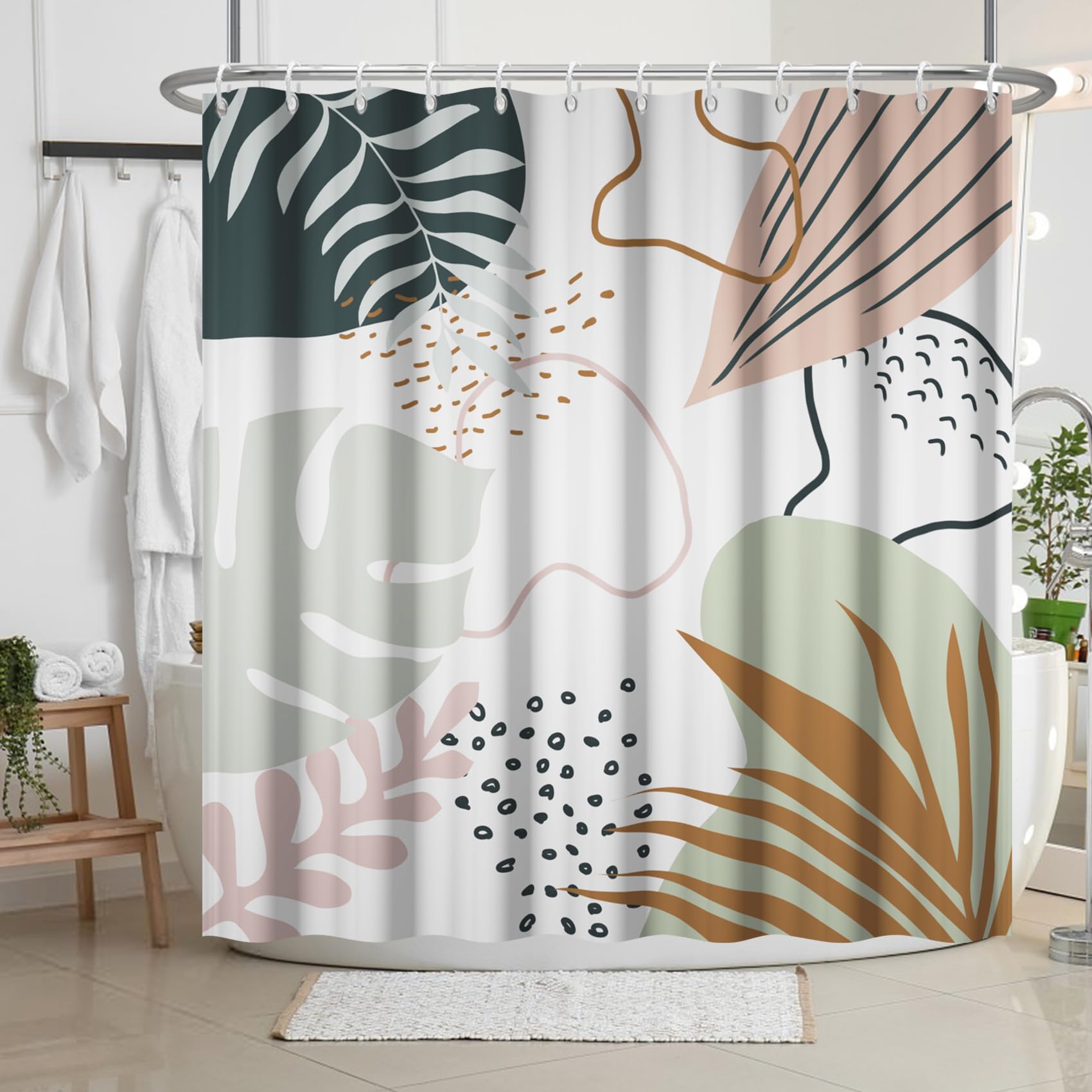 Pianta Astratta Tenda da Doccia 180x200cm Boho Foglie di Palma e Monstera Mid-Century e Stile Tropicale Impermeabile Lavabile in Poliestere Tende da Bagno con 12 Ganci per Vasca da Bagno