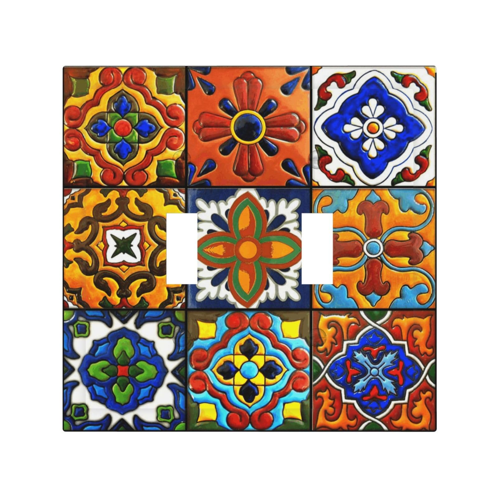 Mexican Talavera Ceramic Pattern Light Switch Cover Decorative 2 Gang Wall Plate Double Toggle Electrical Switchplate Faceplate for Bathroom Home Living Room Decor