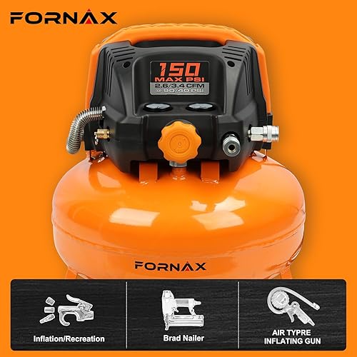 Miniatura 6 de FORNAX Compresor de aire para panqueques con dos acopladores, compresor de aire eléctrico portátil de 6 galones, 150 PSI, sin aceite