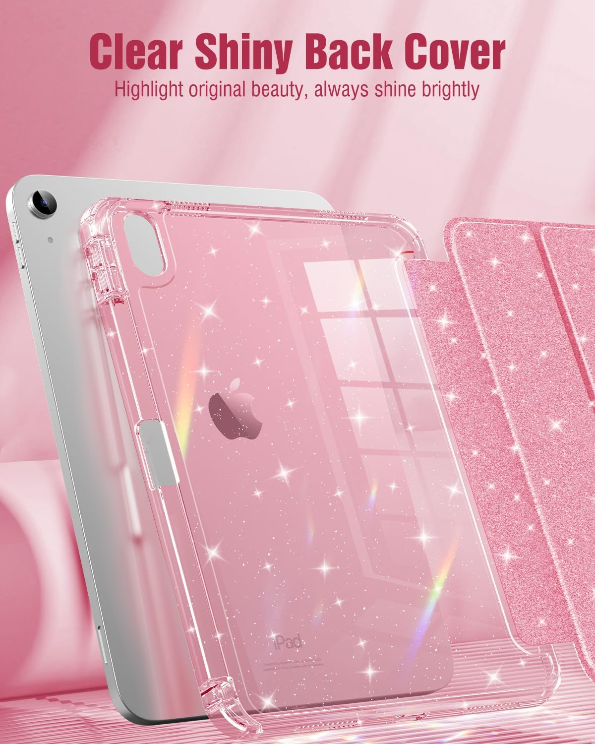MoKo Glitter Case for iPad (A16) 11th/10th Gen 2025/2022, Glitter Pink | Trifold Stand Folio Case Sparkly Glitter Smart Cover with Pencil Holder Auto Wake/Sleep Soft Flexible TPU bling Cover