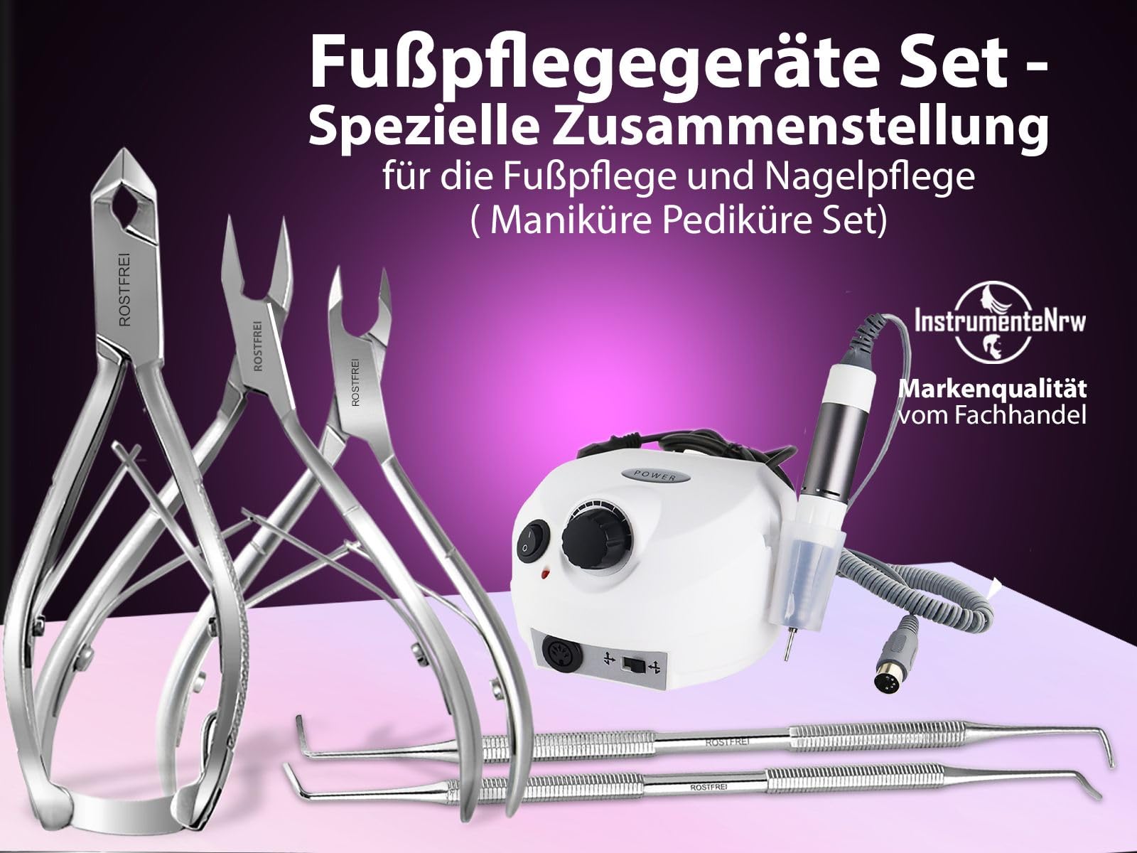 Fußpflegegerät Pediküre Fräser Fußpflege Set mit kompletter Ausstattung | Elektrisches Schleifgeräte Set mit Nagelzangen, Hornhautentfernern und Nagelfräser-Bits