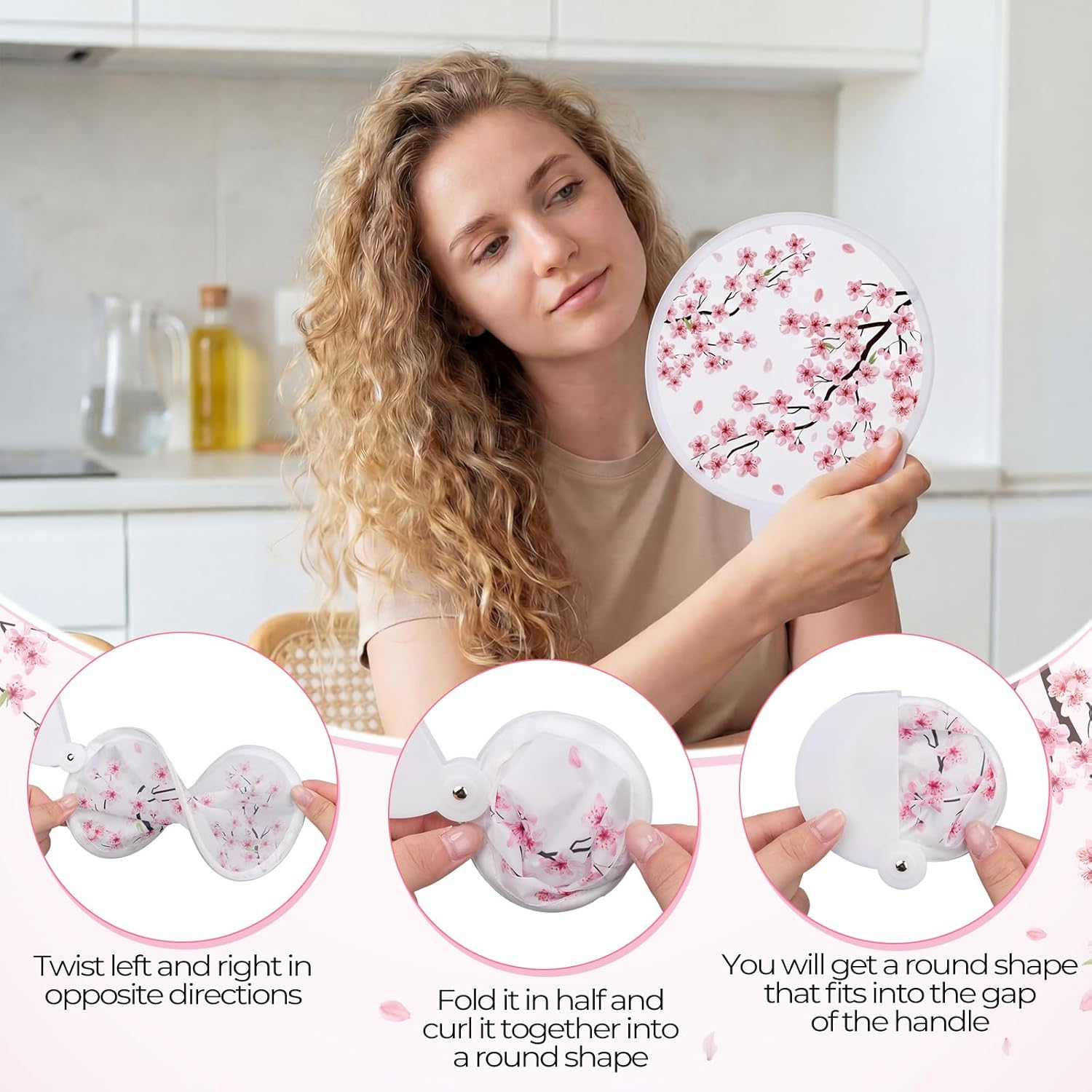 AceOrbit 24 Pcs Cherry Blossoms Foldable Hand Fans Bulk for Women Round Handheld Fans Floral Cooling Fan with Handle for Wedding Bridal Gifts Party Supply Spring Summer Tea Party Travel Indoor Outdoor