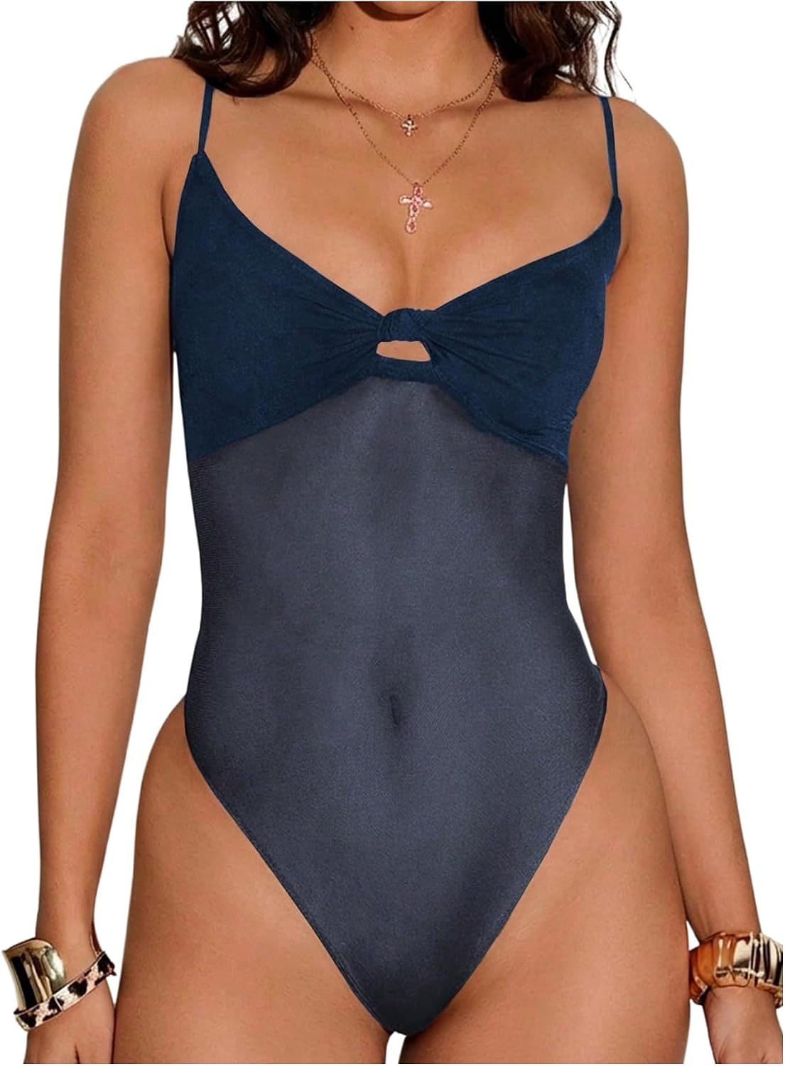 SweatyRocks Women's Sheer Mesh Bodysuit Twist Knot Cut Out V Neck Camisole Top Clubwear