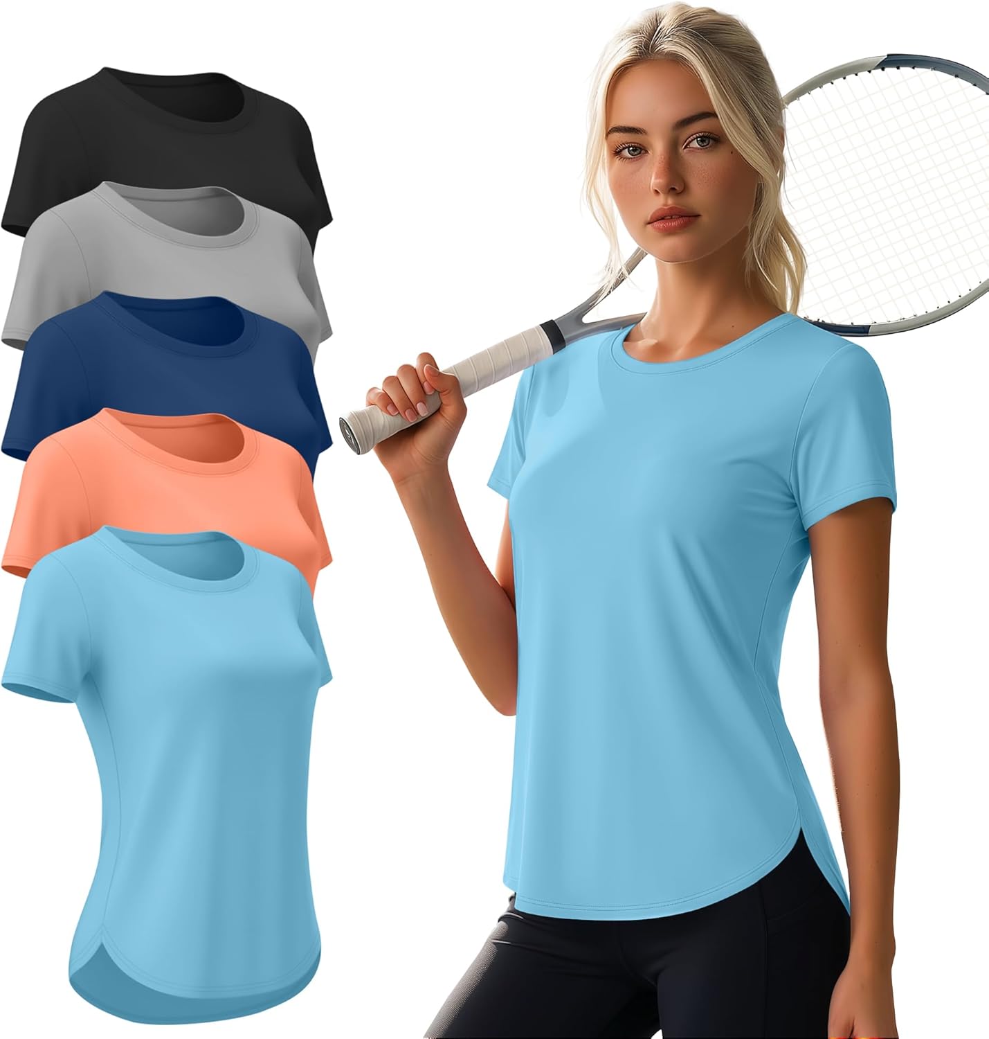 5 Pack Women's Workout Tops Athletic UPF 50+ T-Shirts Quick Dry Crewneck Short Sleeve Tees with Side Slits Shirts