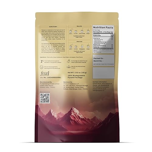 Miniatura 2 de Nepaya Bolsas de té de hierbas de manzanilla  50 bolsas de pirámide, mezcla de manzanilla del Himalaya y citronela, biodegradable, té para dormir