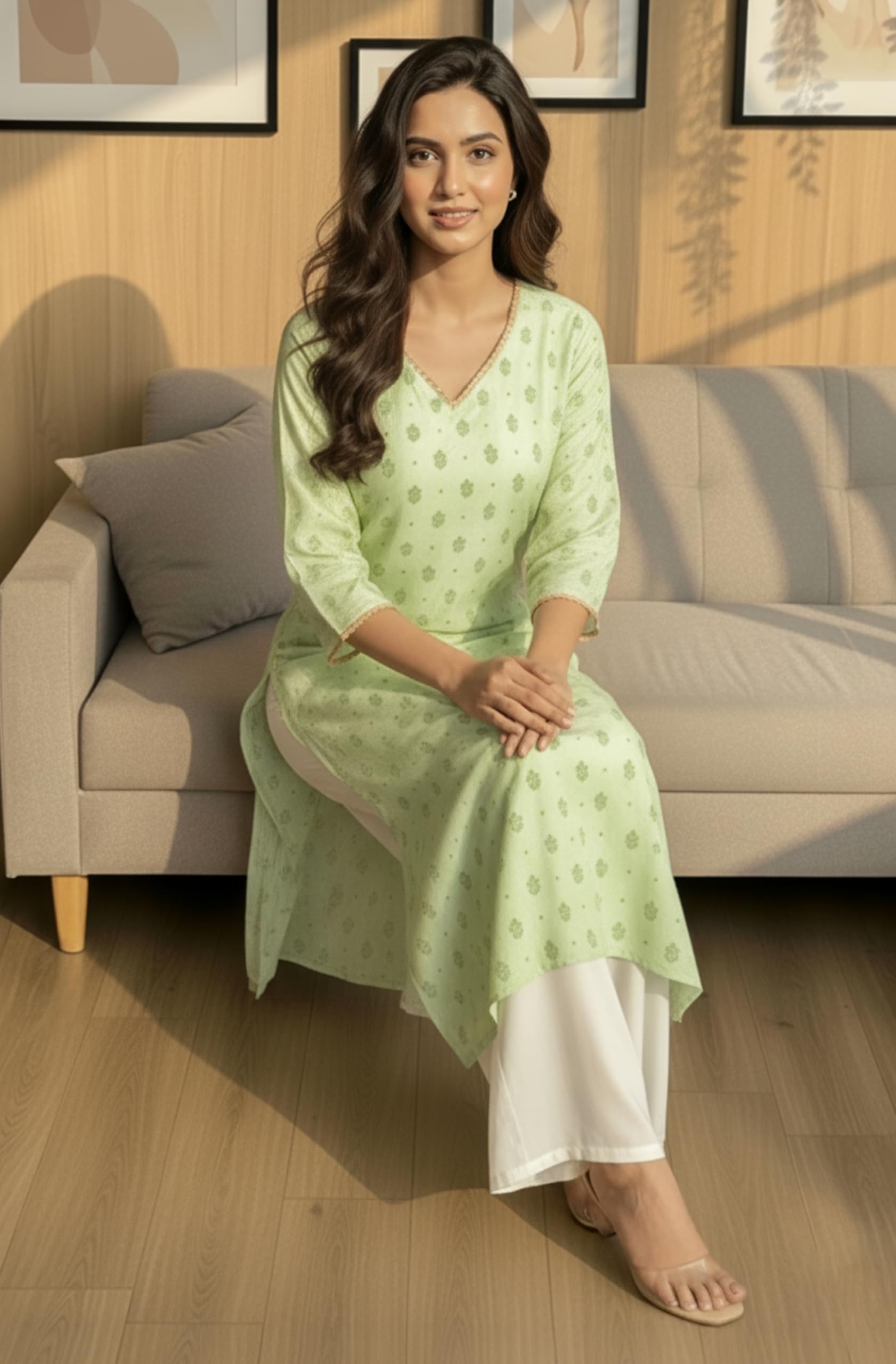 Janasya Women's Mint Green Silk Blend Foil Printed Straight Kurta