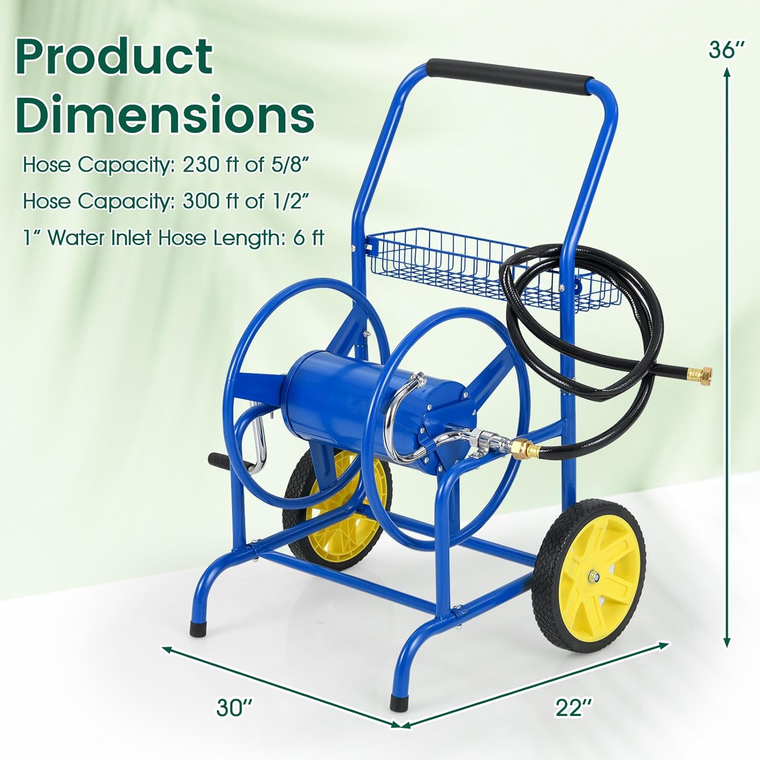 Goplus Garden Hose Reel Cart, 230 FT of 5/8" Large Capacity, Heavy-Duty Metal Hose Cart w/ 2 Wheels, Storage Basket, Portable Water Hose Organizer for Outside Yard, Outdoor Planting Tool (Blue)