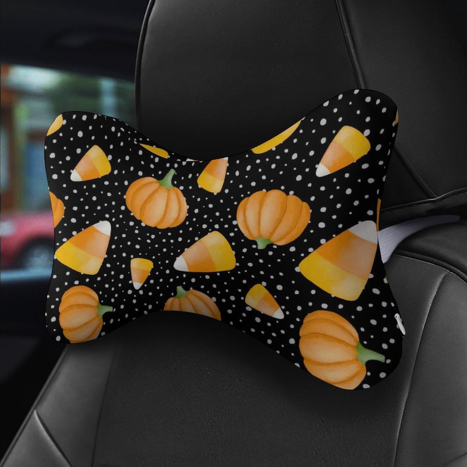 SMAZDFXX Candy Corn Pumpkin Halloween Car Neck Pillow Set of 2 Car Seat Head Support Cushion Bone Pillows with Elastic Strap
