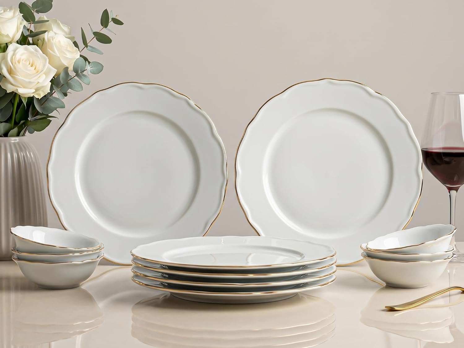 Bodhi House 12-Piece Gold Rim Porcelain Dinner Set | Plates & Bowls Set | Lightweight, Chip Resistant, | Dishwasher Safe | Ideal for Home Dining & Gifting Tableware Set | White