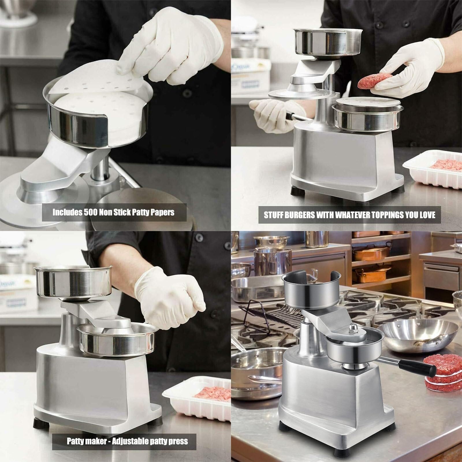 Burgerpresse Patty Maker – robuste manuelle Hamburgerpresse aus Edelstahl mit 100 Stück Wachspapier für Restaurants und Gastronomie, 11,2 cm, 12,7 cm, 15,2 cm, 15,2 cm