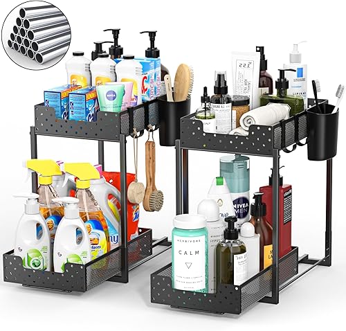 Paquete de 2 organizadores y almacenamiento de metal para debajo del fregadero, organizador de gabinete de baño, almacenamiento extraíble de 2