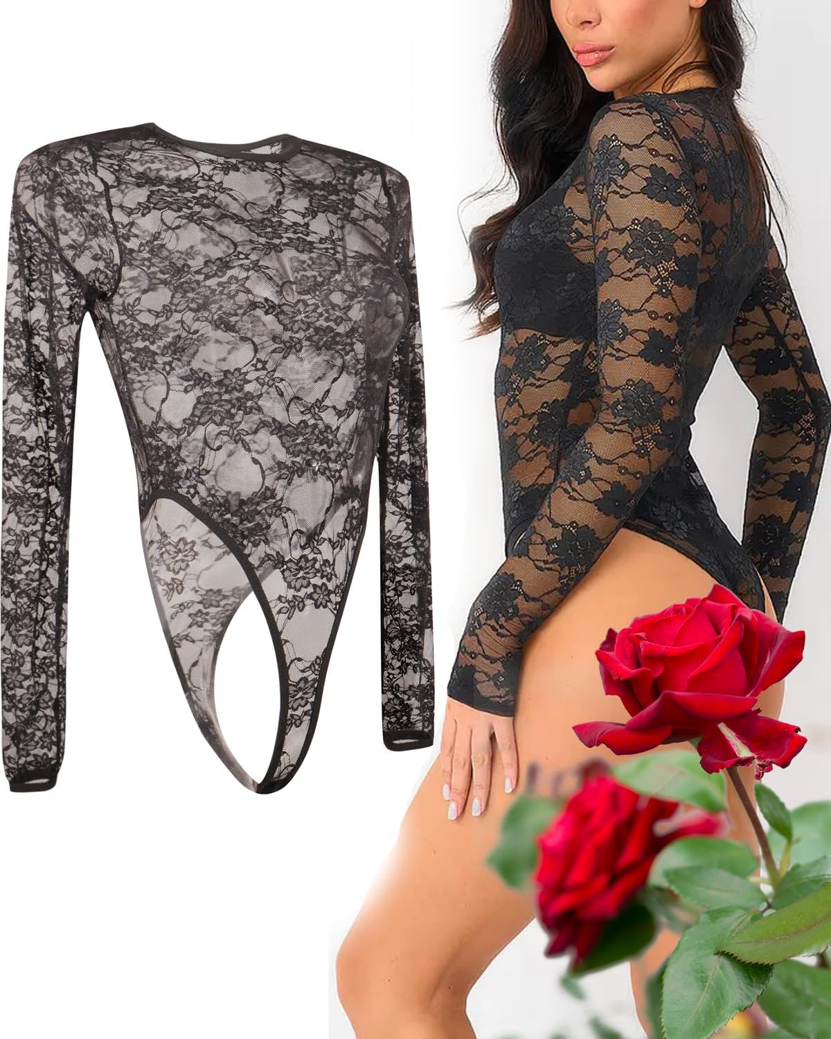 Women’s Lace Bodysuit Long Sleeve Sheer Tops High Cut Waist Body Suits Mock Neck Lingerie Button Crotch Shirt Outfit - Image 3